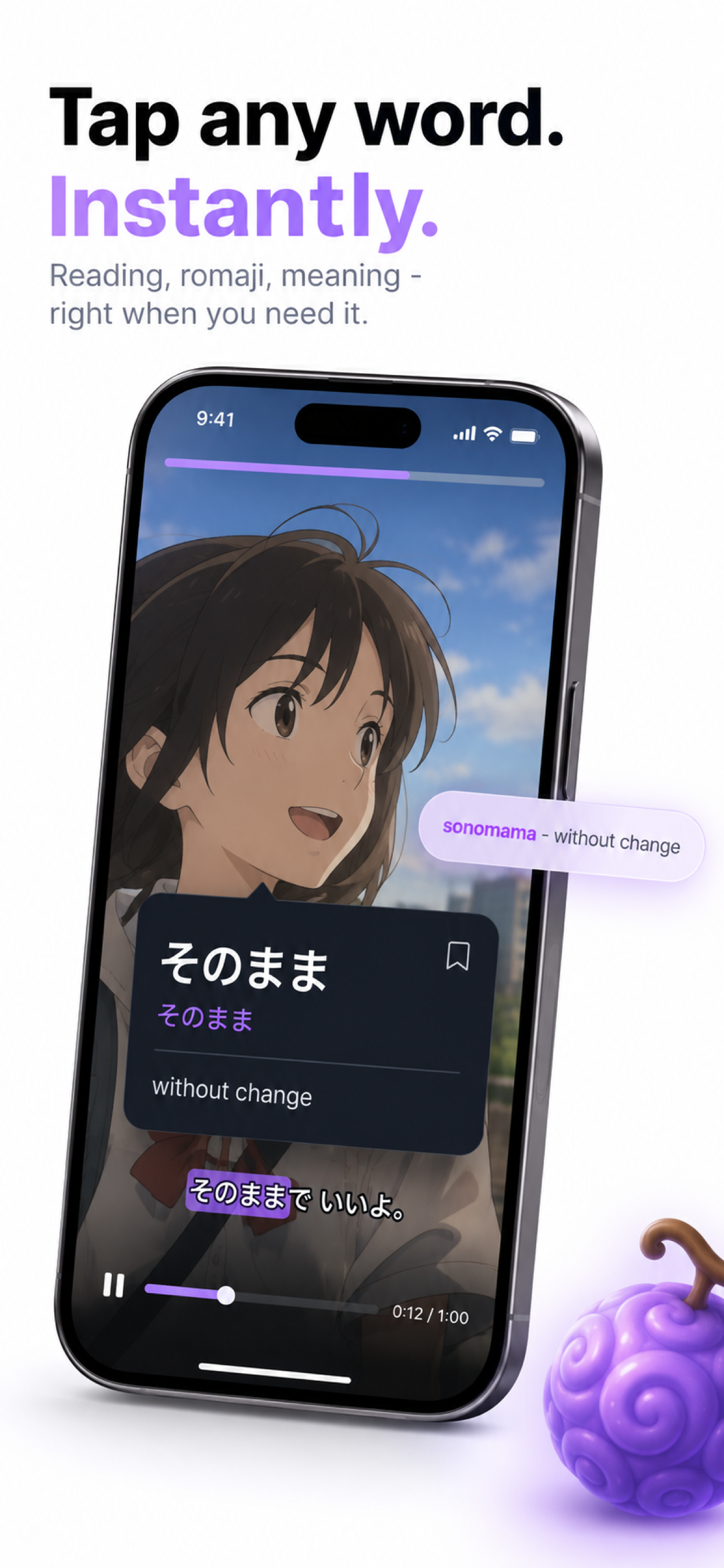 Tapping a word in the subtitles to see its meaning and reading