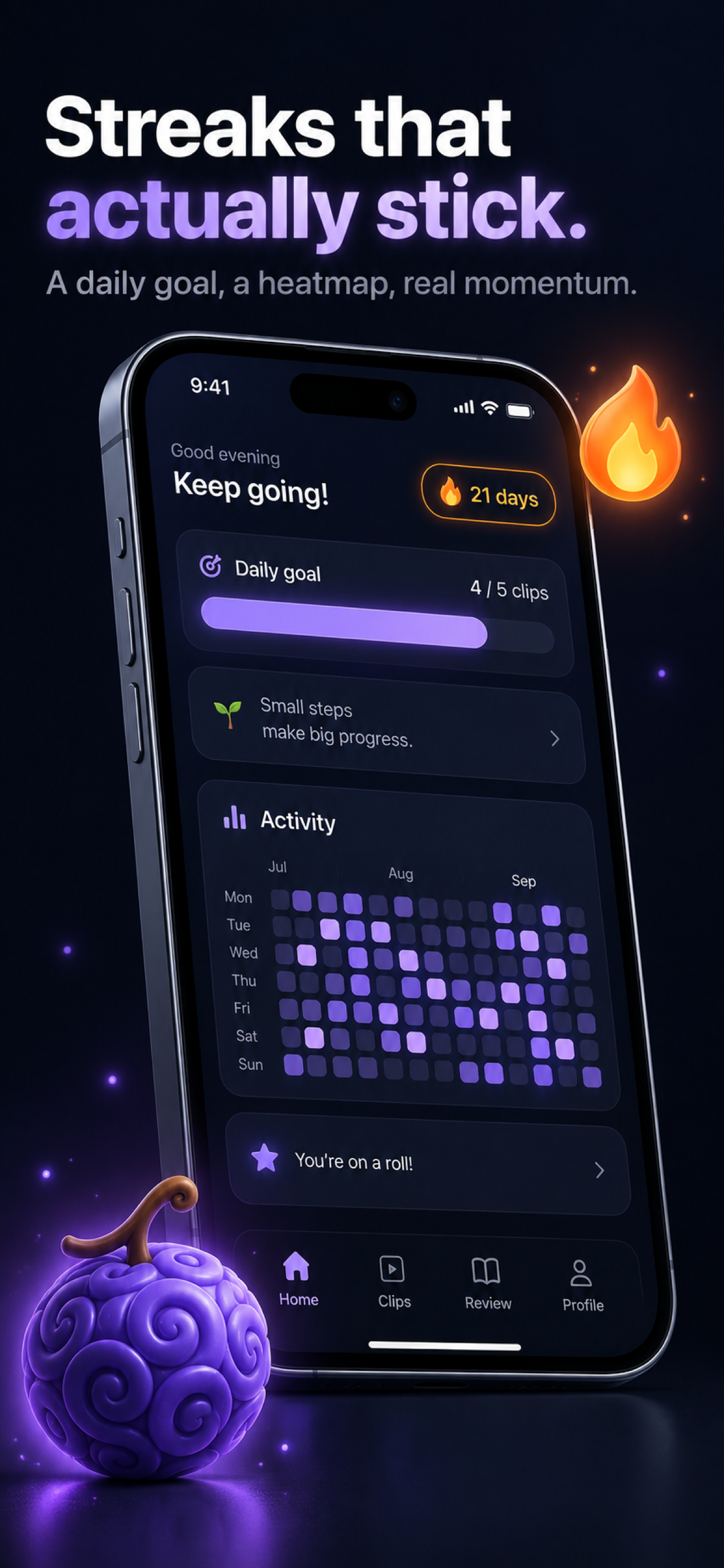 Daily streak and activity heatmap